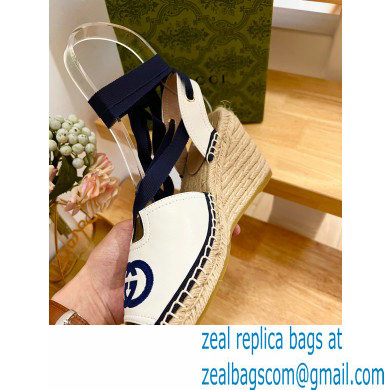 Gucci Heel 9.5cm Leather espadrilles sandals with ribbon tie 725834 White/Dark Blue 2023 - Click Image to Close