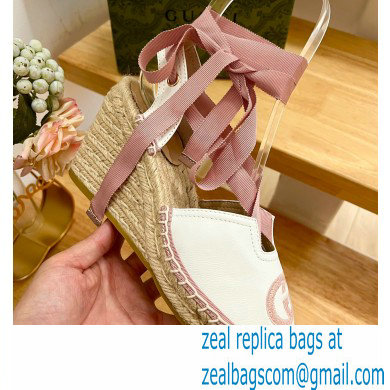 Gucci Heel 9.5cm Leather espadrilles sandals with ribbon tie 725834 White/Pink 2023 - Click Image to Close