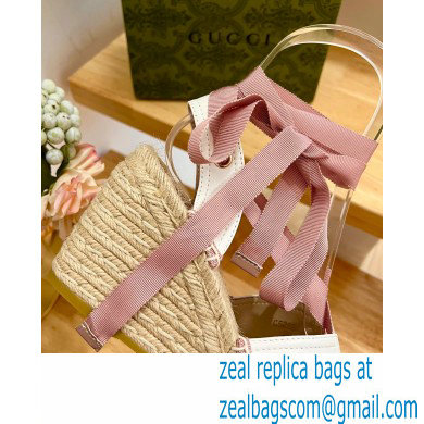 Gucci Heel 9.5cm Leather espadrilles sandals with ribbon tie 725834 White/Pink 2023 - Click Image to Close