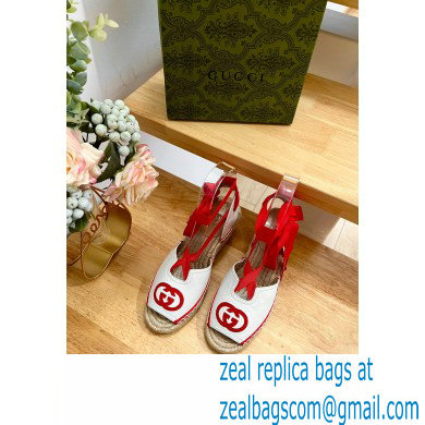 Gucci Heel 9.5cm Leather espadrilles sandals with ribbon tie 725834 White/Red 2023 - Click Image to Close