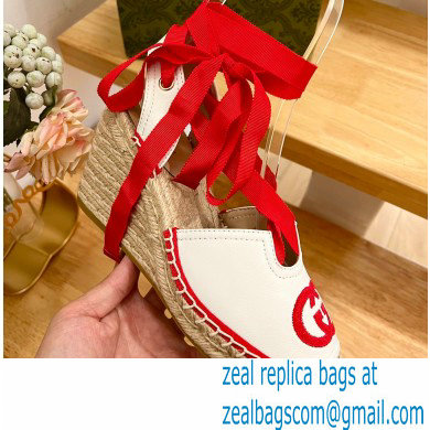 Gucci Heel 9.5cm Leather espadrilles sandals with ribbon tie 725834 White/Red 2023 - Click Image to Close