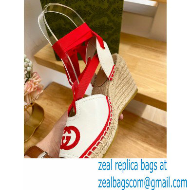 Gucci Heel 9.5cm Leather espadrilles sandals with ribbon tie 725834 White/Red 2023 - Click Image to Close