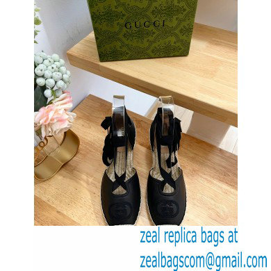 Gucci Heel 9.5cm Leather espadrilles with ribbon tie 725836 Black 2023