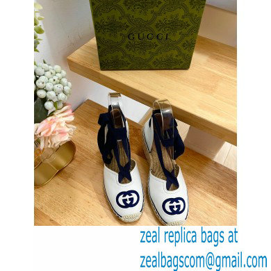 Gucci Heel 9.5cm Leather espadrilles with ribbon tie 725836 White/Dark Blue 2023
