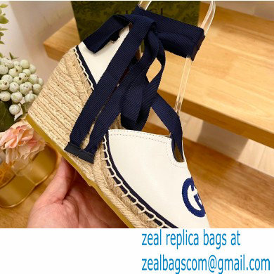 Gucci Heel 9.5cm Leather espadrilles with ribbon tie 725836 White/Dark Blue 2023 - Click Image to Close