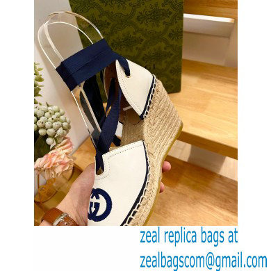 Gucci Heel 9.5cm Leather espadrilles with ribbon tie 725836 White/Dark Blue 2023 - Click Image to Close