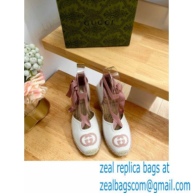 Gucci Heel 9.5cm Leather espadrilles with ribbon tie 725836 White/Pink 2023 - Click Image to Close