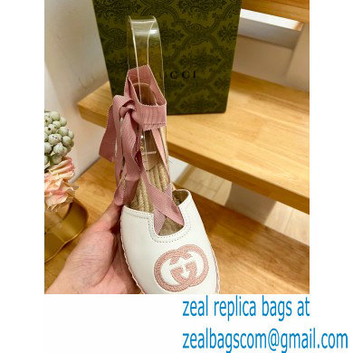 Gucci Heel 9.5cm Leather espadrilles with ribbon tie 725836 White/Pink 2023 - Click Image to Close