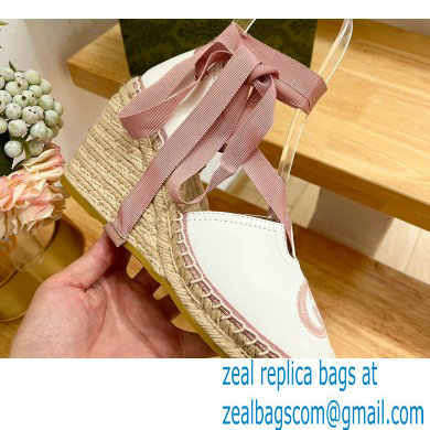 Gucci Heel 9.5cm Leather espadrilles with ribbon tie 725836 White/Pink 2023 - Click Image to Close