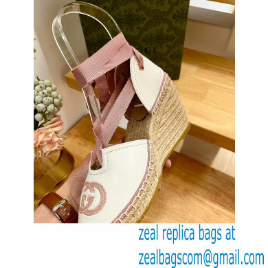 Gucci Heel 9.5cm Leather espadrilles with ribbon tie 725836 White/Pink 2023 - Click Image to Close