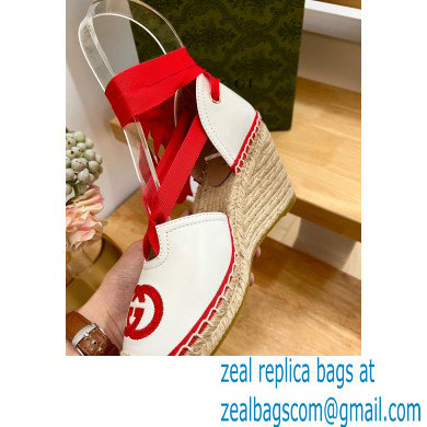 Gucci Heel 9.5cm Leather espadrilles with ribbon tie 725836 White/Red 2023 - Click Image to Close