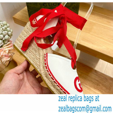 Gucci Heel 9.5cm Leather espadrilles with ribbon tie 725836 White/Red 2023 - Click Image to Close