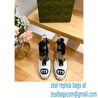 Gucci Heel 9.5cm cotton canvas espadrilles with ribbon tie 725836 White/Dark Blue 2023