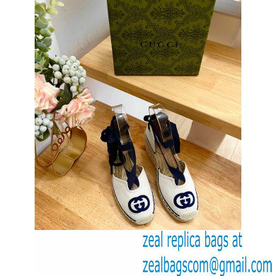 Gucci Heel 9.5cm cotton canvas espadrilles with ribbon tie 725836 White/Dark Blue 2023 - Click Image to Close