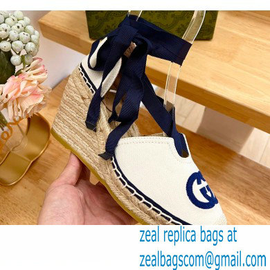 Gucci Heel 9.5cm cotton canvas espadrilles with ribbon tie 725836 White/Dark Blue 2023 - Click Image to Close