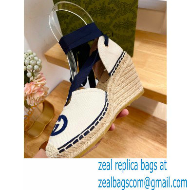 Gucci Heel 9.5cm cotton canvas espadrilles with ribbon tie 725836 White/Dark Blue 2023