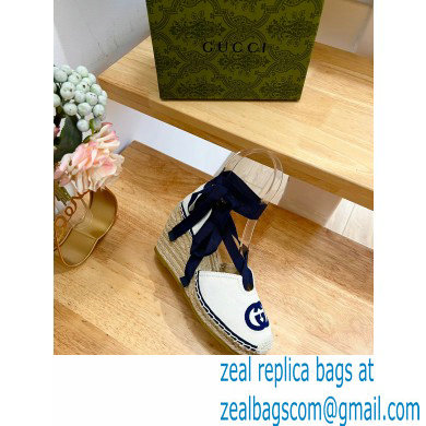 Gucci Heel 9.5cm cotton canvas espadrilles with ribbon tie 725836 White/Dark Blue 2023 - Click Image to Close