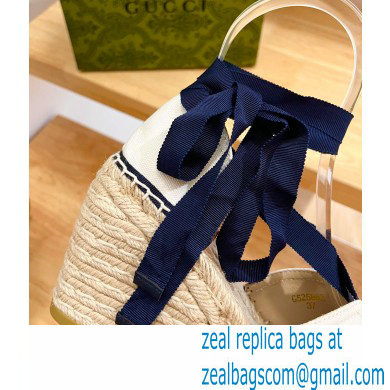 Gucci Heel 9.5cm cotton canvas espadrilles with ribbon tie 725836 White/Dark Blue 2023 - Click Image to Close