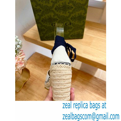 Gucci Heel 9.5cm cotton canvas espadrilles with ribbon tie 725836 White/Dark Blue 2023 - Click Image to Close
