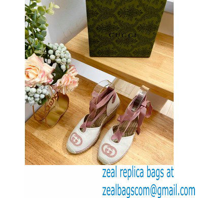 Gucci Heel 9.5cm cotton canvas espadrilles with ribbon tie 725836 White/Pink 2023 - Click Image to Close