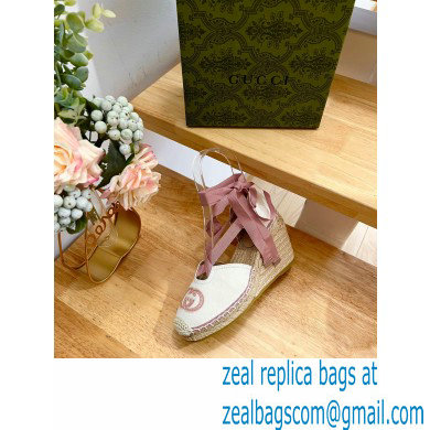 Gucci Heel 9.5cm cotton canvas espadrilles with ribbon tie 725836 White/Pink 2023 - Click Image to Close