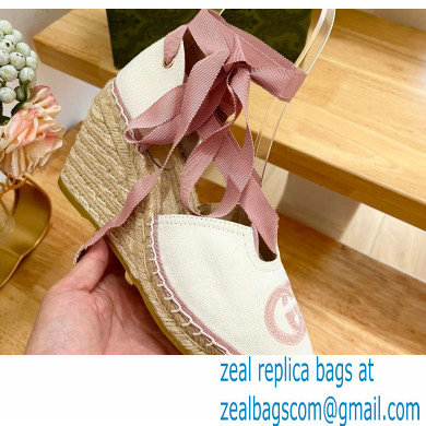 Gucci Heel 9.5cm cotton canvas espadrilles with ribbon tie 725836 White/Pink 2023 - Click Image to Close