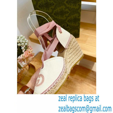 Gucci Heel 9.5cm cotton canvas espadrilles with ribbon tie 725836 White/Pink 2023 - Click Image to Close