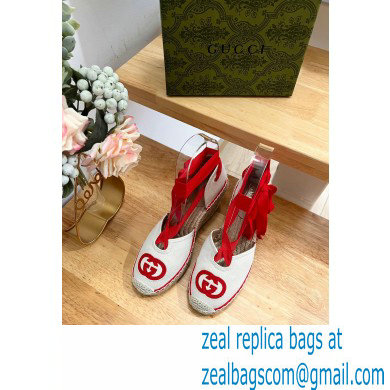 Gucci Heel 9.5cm cotton canvas espadrilles with ribbon tie 725836 White/Red 2023 - Click Image to Close