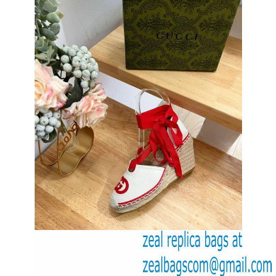 Gucci Heel 9.5cm cotton canvas espadrilles with ribbon tie 725836 White/Red 2023 - Click Image to Close