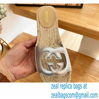 Gucci Interlocking G cut out Women/Men espadrilles slide sandals Metallic Silver 2023