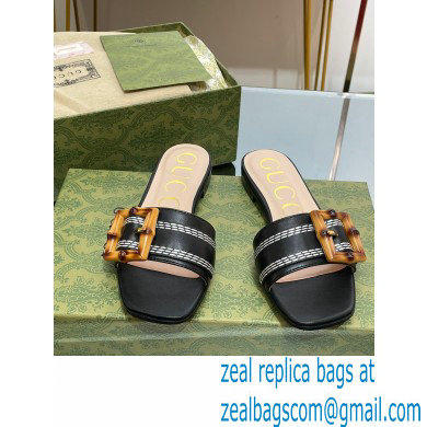 Gucci leather Slide Sandals Black With Bamboo Buckle 2023