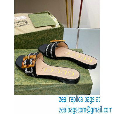 Gucci leather Slide Sandals Black With Bamboo Buckle 2023