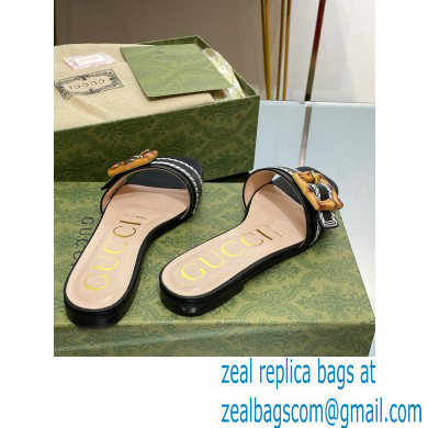 Gucci leather Slide Sandals Black With Bamboo Buckle 2023