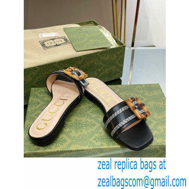 Gucci leather Slide Sandals Black With Bamboo Buckle 2023