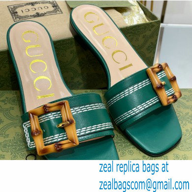 Gucci leather Slide Sandals Green With Bamboo Buckle 2023