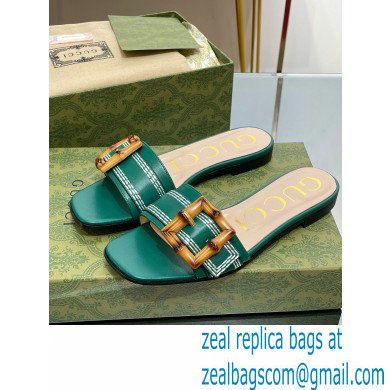 Gucci leather Slide Sandals Green With Bamboo Buckle 2023