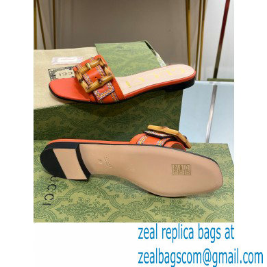 Gucci leather Slide Sandals Orange With Bamboo Buckle 2023