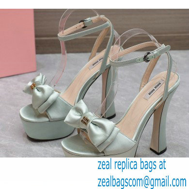 Miu Miu Heel 14cm Satin platform sandals with bow Light Green 2023 - Click Image to Close