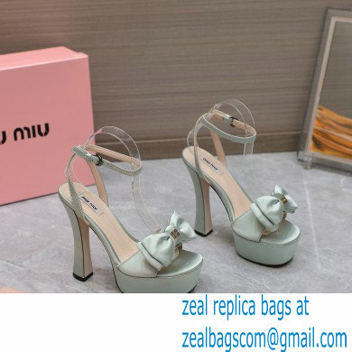 Miu Miu Heel 14cm Satin platform sandals with bow Light Green 2023 - Click Image to Close