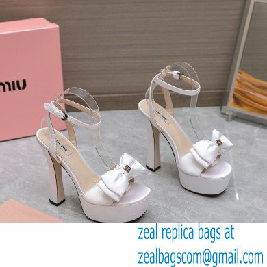 Miu Miu Heel 14cm Satin platform sandals with bow White 2023 - Click Image to Close