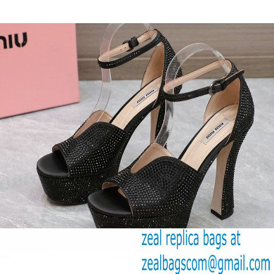 Miu Miu Heel 14cm Satin platform sandals with crystals Black 2023 - Click Image to Close