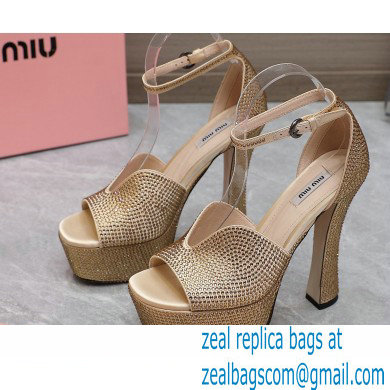 Miu Miu Heel 14cm Satin platform sandals with crystals Gold 2023