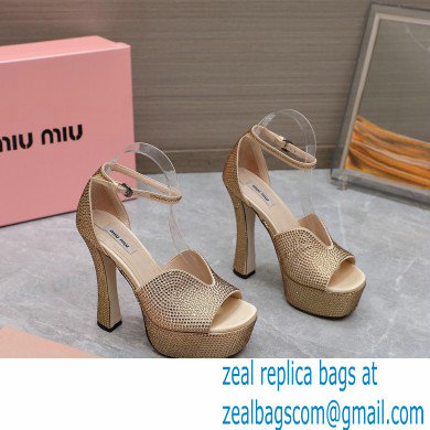 Miu Miu Heel 14cm Satin platform sandals with crystals Gold 2023 - Click Image to Close