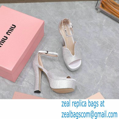 Miu Miu Heel 14cm Satin platform sandals with crystals Silver 2023