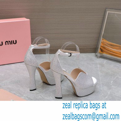Miu Miu Heel 14cm Satin platform sandals with crystals Silver 2023