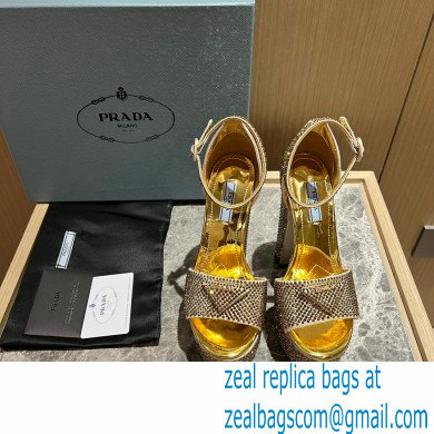 Prada Heel 13.5cm leather platform sandals 1XP48B Metallic Gold with crystals 2023