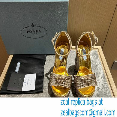 Prada Heel 13.5cm leather platform sandals 1XP48B Metallic Gold with crystals 2023 - Click Image to Close