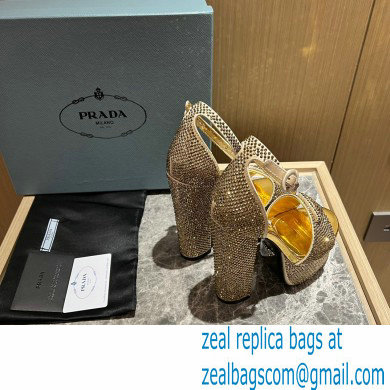 Prada Heel 13.5cm leather platform sandals 1XP48B Metallic Gold with crystals 2023