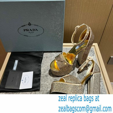 Prada Heel 13.5cm leather platform sandals 1XP48B Metallic Gold with crystals 2023