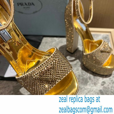 Prada Heel 13.5cm leather platform sandals 1XP48B Metallic Gold with crystals 2023 - Click Image to Close